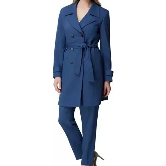 Tahari ASL 2 Belted Trenchcoat Coat Slate Blue Tie Midi Double Breasted Collared - Picture 1 of 12